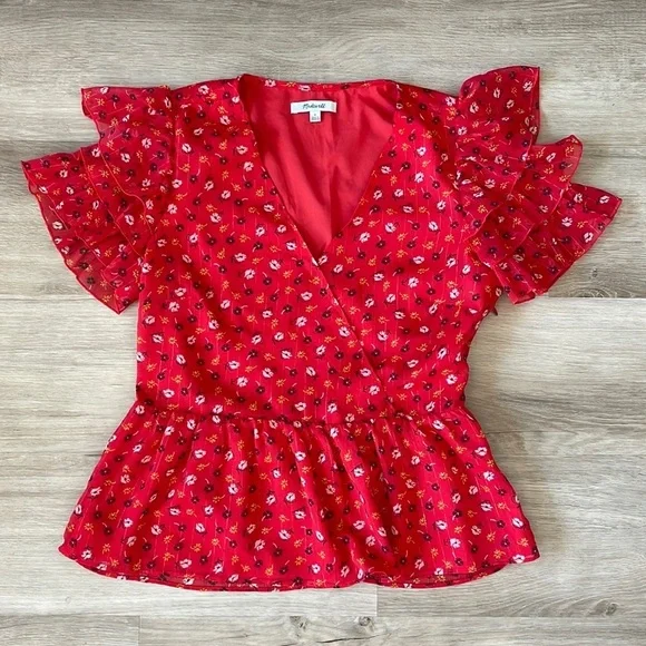 Madewell Tiered-Sleeve Peplum Top in Metallic Prairie Posies size 6 - Picture 1 of 15